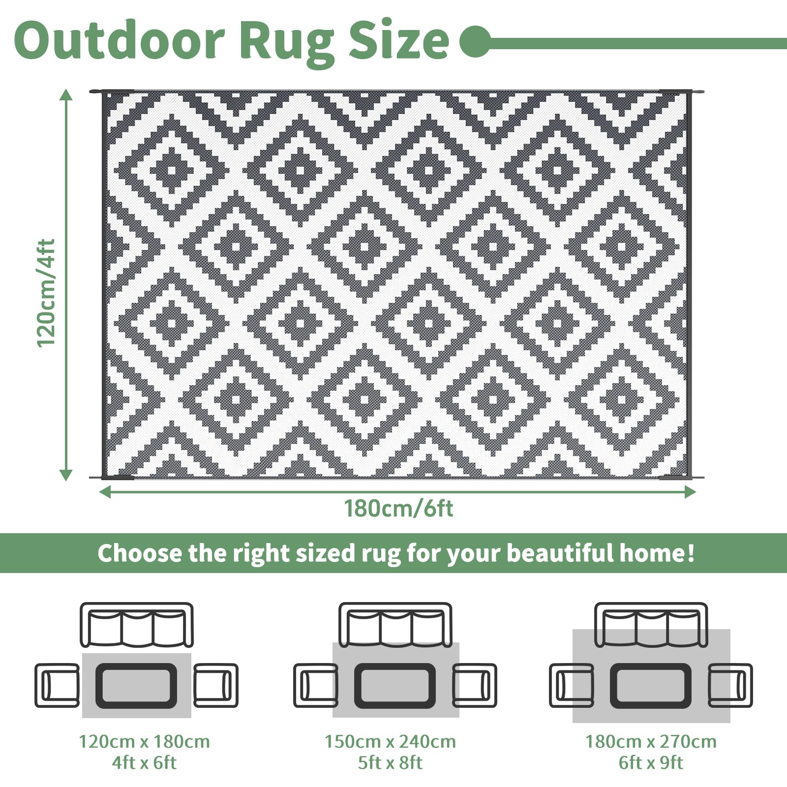 Habaylin Outdoor Rug for Patios Waterproof, Reversible Large Garden Rug, Foldable Outdoor Carpet Mat, Lightweight Plastic Area Patio Rugs for Decking RV Backyard Balcony Camping 120x180 cm